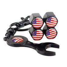 Load image into Gallery viewer, 4pcs USA Flag Black Wheel Tire Valve Caps+Keychain