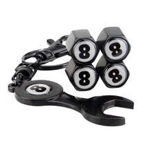Load image into Gallery viewer, 4pcs Eight 8 Black/Silver Wheel Tire Valve Caps+Keychain
