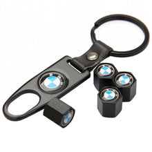 Load image into Gallery viewer, 4pcs BMW Logo Tire Valve Stem Caps + Keychain - Black/Silver
